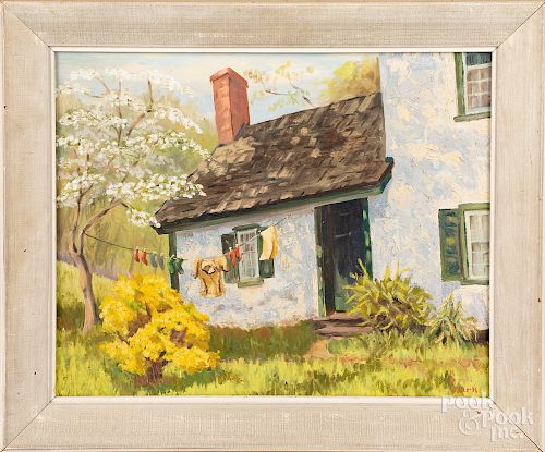 Oil on canvas landscape with cottage, etc.