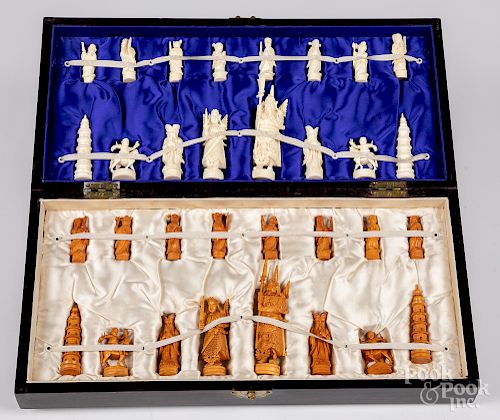 Chinese carved ivory chess set with gameboard