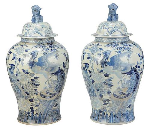 Pair Blue and White Chinese Temple Jars
