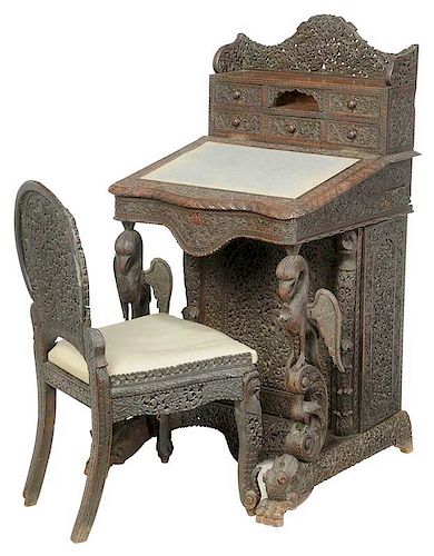 Anglo-Indian Carved Teak Davenport Desk, Chair