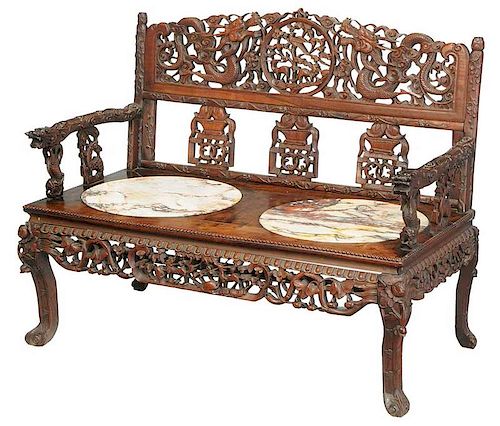 Chinese Carved Hardwood Marble-Inset Settee