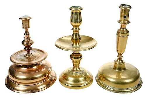 Three Early Brass and Bellmetal Candlesticks