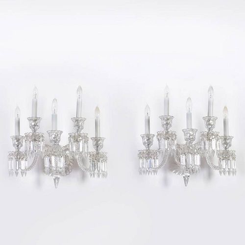 Pair signed Baccarat glass 5-light wall sconces