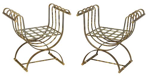 Two Similar Curule Form Brass and Steel Benches