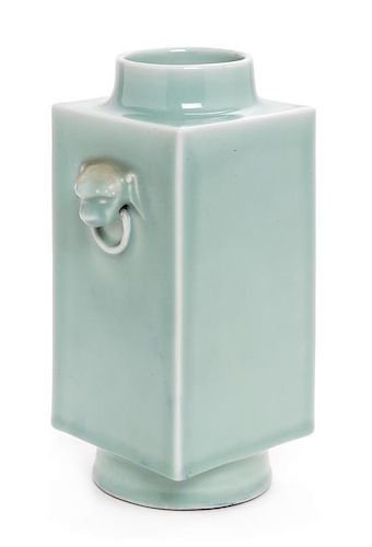 * A Celadon Glazed Porcelain Cong Vase Height 10 1/8 inches.