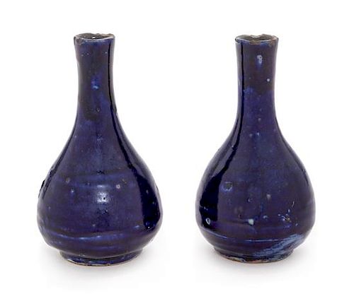 * A Pair of Blue Glazed Porcelain Bottle Vases Each height 5 inches.
