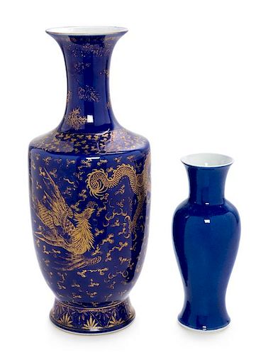 * Two Blue Glazed Porcelain Vases Height of taller 17 1/2 inches.
