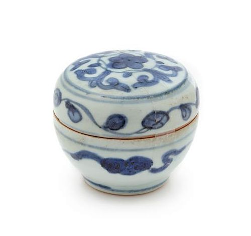 A Blue and White Porcelain Seal Paste Box and Cover Height 2 3/4 inches.