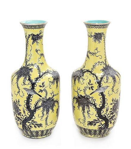 * A Pair of Yellow Ground Grisalle Porcelain Dayazhai Vases Height of each 11 3/4 inches.