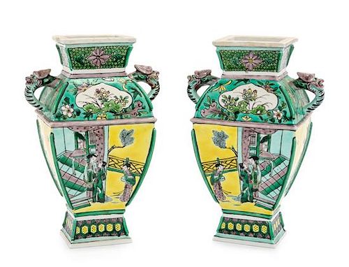 * A Pair of Famille Verte Porcelain Double Handled Vases Height of each 7 inches.
