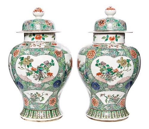 A Pair of Famille Verte Porcelain Jars and Covers Height 17 3/4 inches.