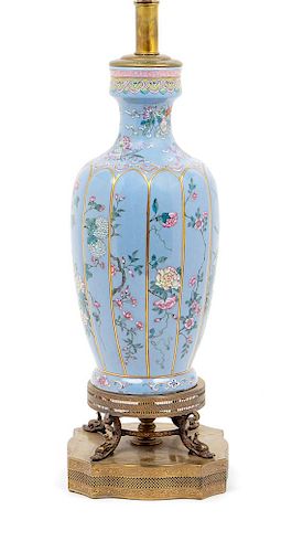 A Blue Ground Famille Rose Porcelain Vase Height of vase 12 1/4 inches.