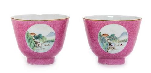 * A Pair of Pink Enameled Sgrafitto Porcelain Wine Cups Diameter of each 3 1/2 inches.