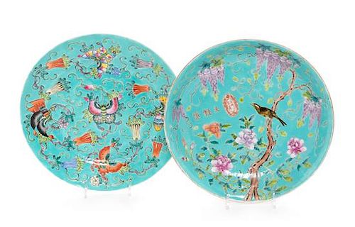 * Two Turquoise Ground Famille Rose Porcelain Plates Diameter of largest 9 3/4 inches.