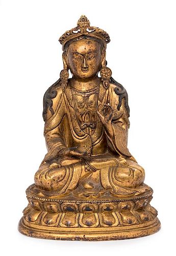 A Sino-Tibetan Gilt Bronze Figure of Guanyin Height 9 1/2 inches.