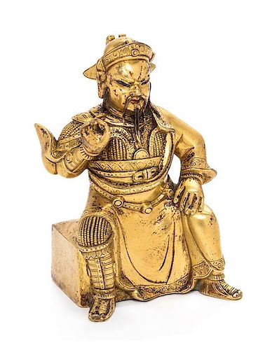 A Small Gilt Bronze Figure of Guandi Height 4 1/2 inches.