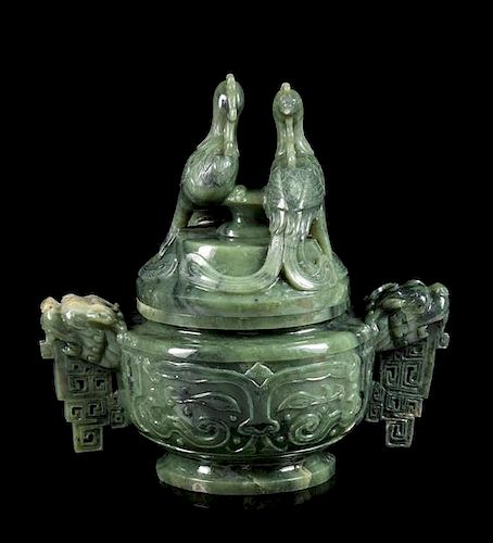* A Spinach Jade Incense Burner Height 10 3/4 inches.