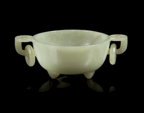 A Celadon Jade Double Handled Cup Diameter 2 7/8 inches.