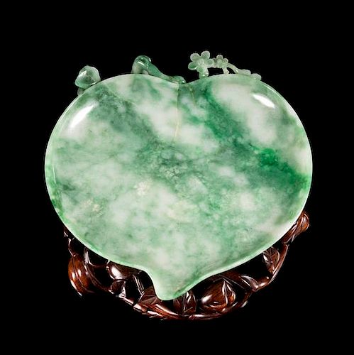 An Apple Green and Celadon Jadeite Peach-Form Ink Palette Length 9 7/8 inches.