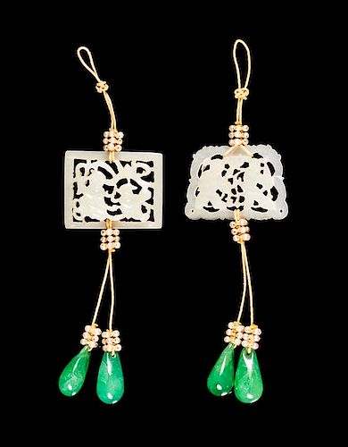 Two White Jade and Green Glass Pendants Length of each 4 1/2 inches.