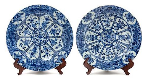 A Pair of Chinese Export Blue and White 'Peacock' Porcelain Chargers Diameter 12 5/8 inches.