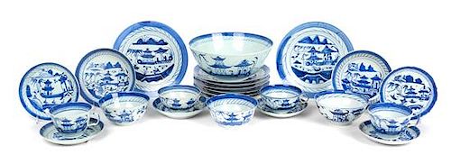 * Thirty-two Chinese Export Canton Blue and White Wares Diameter of the largest 9 inches.