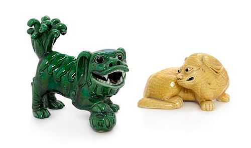 * Two Chinese Export Monochrome Glazed Porcelain Figure of Fu Lions Length of larger 7 1/2 inches.