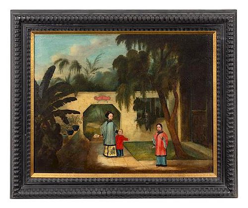 Chinese School, (CIRCA 1830), Two Women and a Child Walking in a Walled Garden