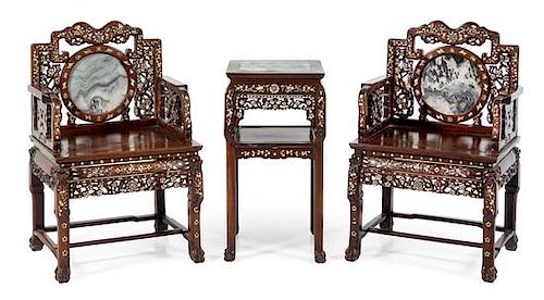 * A Set of Three Chinese Export Mother-of-Pearl Inlaid and Mable Inset Hongmu Furniture Height of chair 39 1/2 inches.