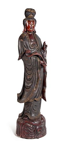 * A Large Carved Wood Figure of Guanyin Height 74 1/2 inches.