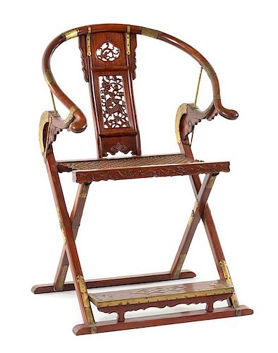 A Huanghuali Horseshoeback Folding Chair, Jiaoyi Height 43 3/4 x length 29 1/4 x width 19 inches.