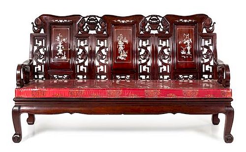 A Set of Three Chinese Export Mother-of-Pearl Inlaid Hongmu Furniture Height of sofa 42 x width 74 x depth 23 inches.
