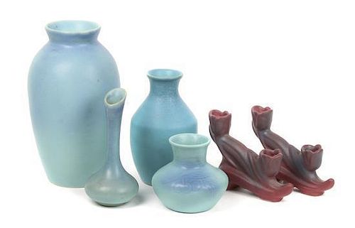 A Collection of Six Van Briggle Pottery Articles, Height of tallest 9 3/4 inches.