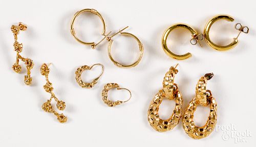 Three pairs of 10K yellow gold earrings, etc.