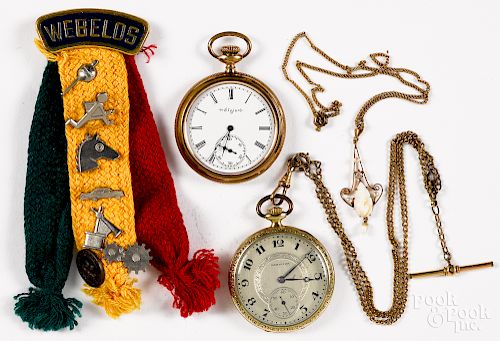 Two gold filled open face pocket watches, etc.