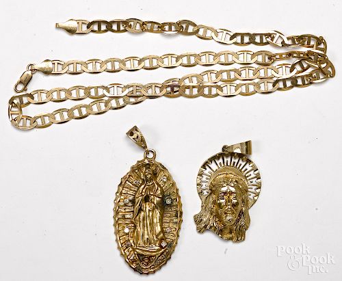 Two 10K gold religious pendants, etc.