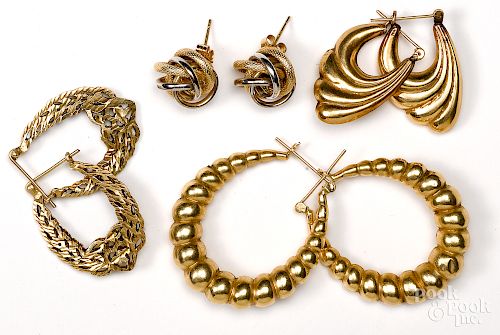 Four pairs of 14K yellow gold earrings