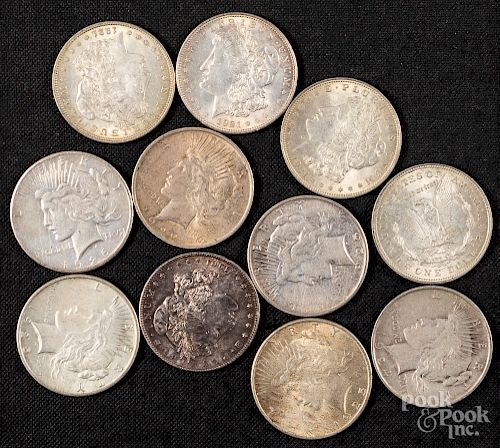 Five Morgan silver dollars, etc.