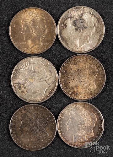 Three Morgan silver dollars, etc.