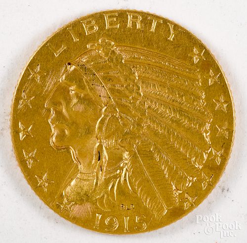 1915 Indian Head five dollar gold coin.