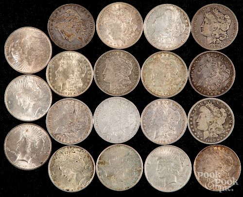 Thirteen Morgan silver dollars, etc.