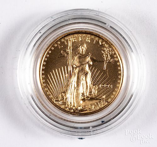 Two American eagle 1/10 ozt. fine gold coins.