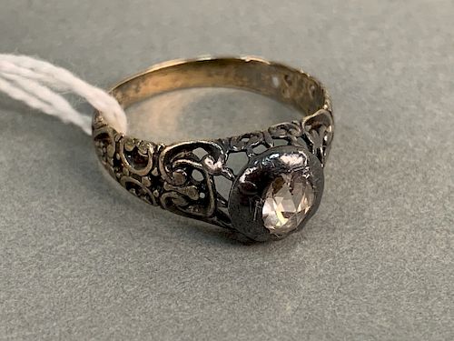 18 karat gold filigree ring set with rose cut diamond, 4 mm x 6 mm, probably 19th Century. size 7 1/2