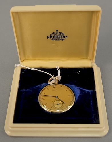 14 karat gold Hamilton open face pocket watch in original Hamilton case. 44mm