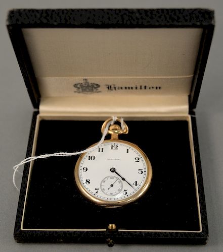 14 karat gold Hamilton Masterpiece Series open face pocket watch, 45.4mm, in Hamilton box.