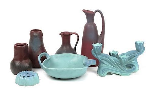 A Group of Eight Van Briggle Pottery Articles, Height of tallest 9 inches.