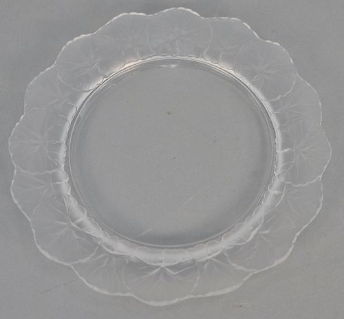 Group of eight Lalique plates including a set of six Lalique "Honfleur" plates with frosted leaf border marked Lalique France and a ...
