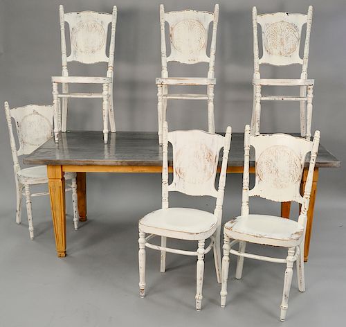 Seven piece set with metal top table and six rustic style chairs. ht. 29 in., top: 36" x 79"