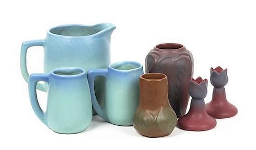 A Group of Seven Van Briggle Pottery Articles, Height of tallest 7 inches.
