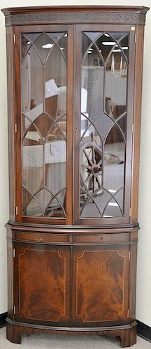 Pair of Southampton mahogany corner china cabinets, each with three glass shelves. ht. 85 in., wd. 33 in.